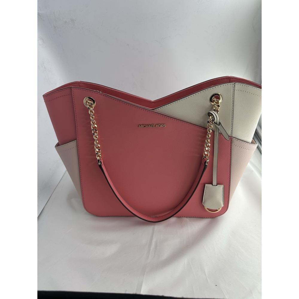 Michael Kors Colorblock Pink Ivory Tote with Gold Chain Strap, Brand Charm NEW